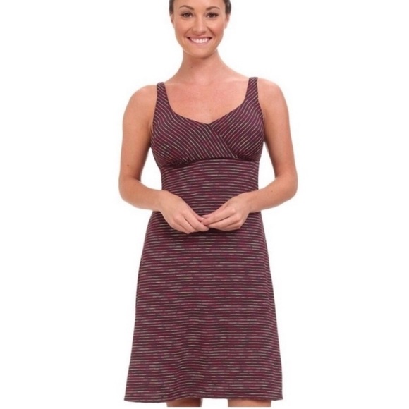 Prana Iva Faux Wrap Dress Purple Striped Size M Women’s Built In Bra V Neck - Picture 1 of 12